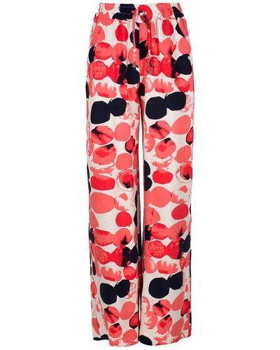 Conquista Apricot Print Linen Style Wide Leg Trousers - Red