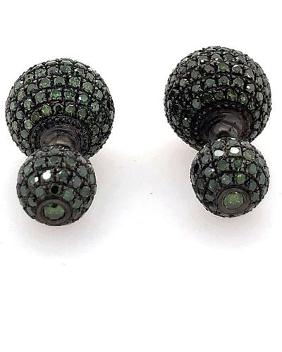 Artisan 18k Gold & Silver With Green Diamond Bead Ball Double Side Tunnel Earrings - Black