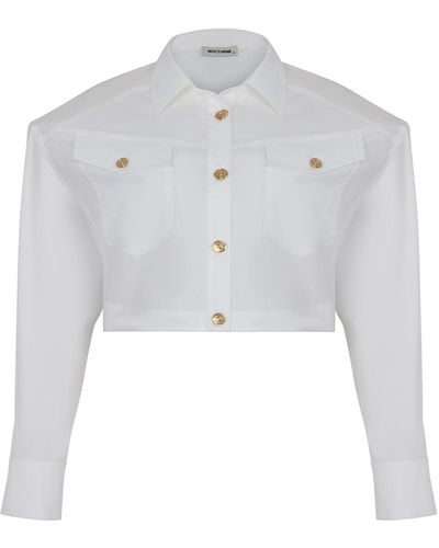 Nocturne Ecru Cropped Shirt With Shoulder Pads - White