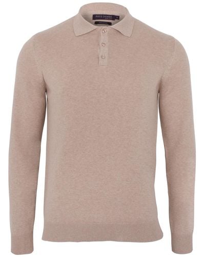 Paul James Knitwear Neutrals / S Cotton Hall Long Sleeve Knitted Polo Shirt - Brown