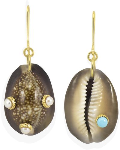 Vintouch Italy Pearls & Turquoise Dark Cowrie Shell Earrings - Brown