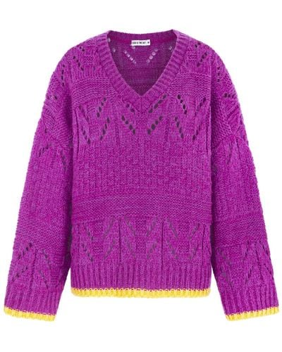 Cara & The Sky Zoe Pointelle V Neck Wide Sleeve Sweater - Purple