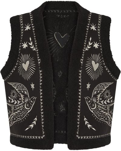 Nooki Design Free Bird Embroidered Faux Shearling Gilet - Black