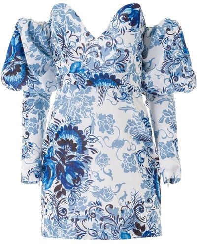 Lita Couture Puff Sleeve Off The Shoulders Floral Dress - Blue