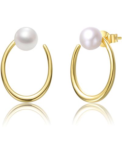 Genevive Jewelry Sterling Silver Yellow Gold Plated With White Pearl Oblong Oval Halo Hoop Dangle Earrings - Metallic