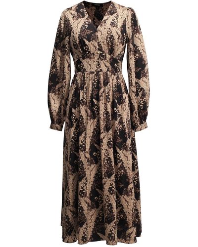 Smart and Joy Neutrals Flared Midi Dress With Vintage Print - Brown