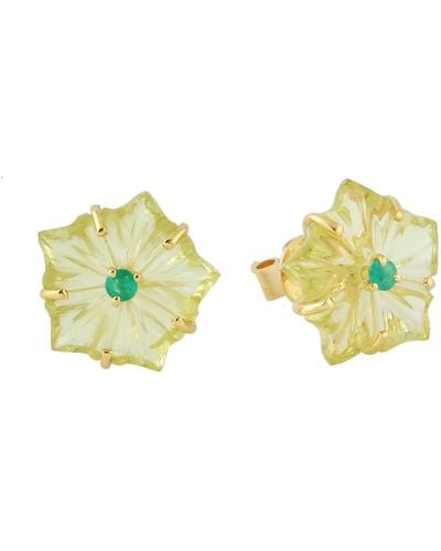Artisan Yellow Gold Natural Emerald Carving Quartz Flower Stud Earrings Jewelry