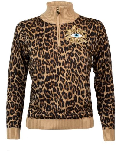 Laines London Laines Couture Animal Print Quarter Zip Sweater With Embellished Mystic Eye - Brown