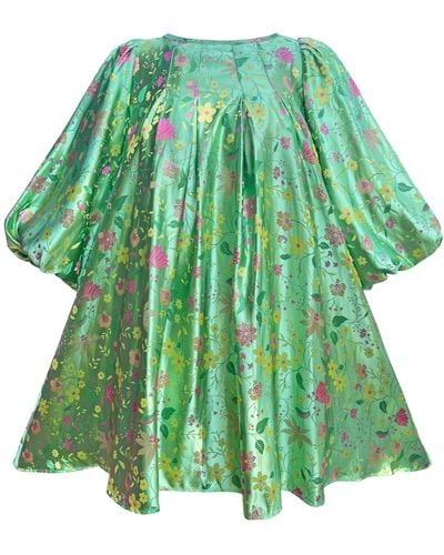Madeleine Simon Studio Bambi Mint Satin Floral Puff Sleeve Dress - Green