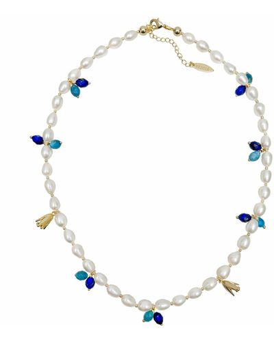 Farra Freshwater Pearls With Blue Gemstone And Flower Charms Necklace - White