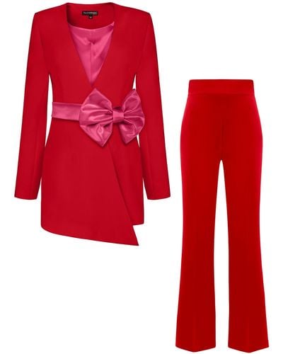Tia Dorraine Red Pearl Power Suit With Pink Bow Belt