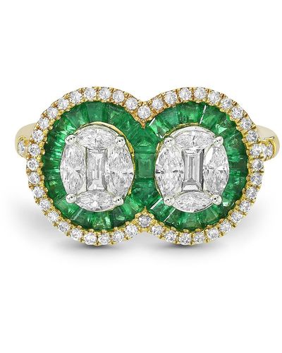 Artisan Natural Emerald Handmade 18k Yellow Gold Diamond Round Cocktail Ring - Green