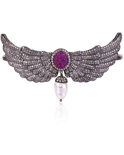 Artisan 18k Gold 925 Silver With Carved Ruby & Pearl Pave Diamond Angel Wing Palm Bracelet - Purple