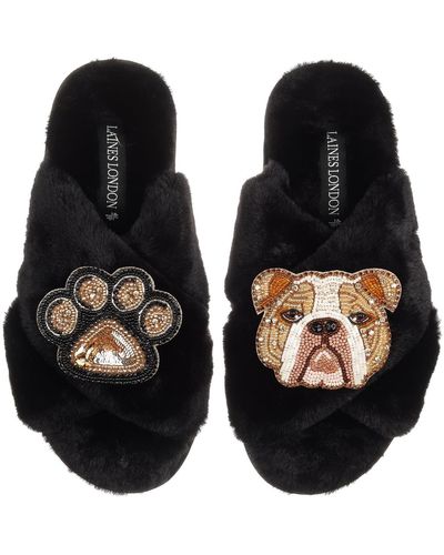 Laines London Classic Laines Slippers With Mr Beefy Bulldog & Paw Brooches - Black