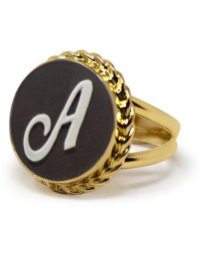 Vintouch Italy Gold Vermeil Black Cameo Ring Initial A - Metallic