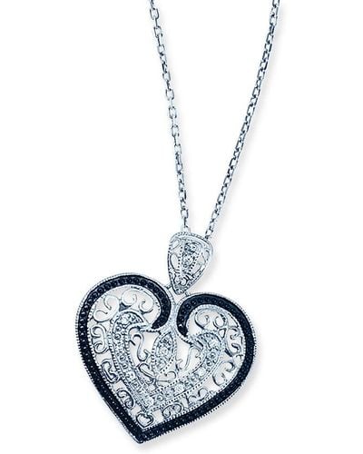Genevive Jewelry Cubic Zirconia Sterling Silver Rhodium Plated Gold Outlined Antique Lace Heart Shape Drop Pendant - Blue