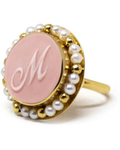 Vintouch Italy Gold Vermeil Pink Cameo Pearl Ring Initial M