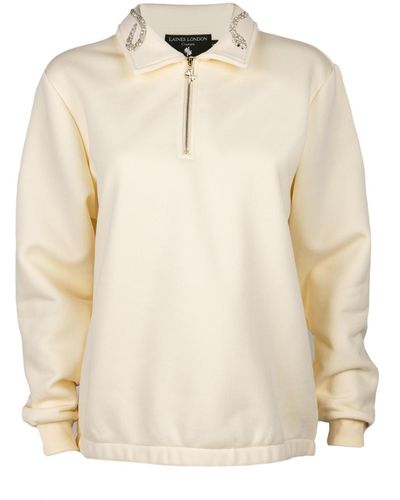Laines London Neutrals Laines Couture Cream Quarter Zip Sweatshirt With Embellished Crystal & Pearl Snake - Natural