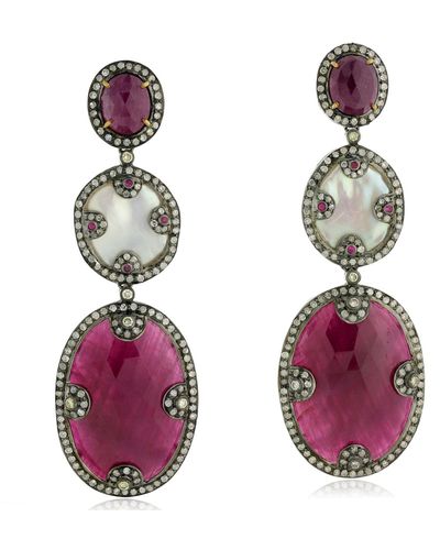 Artisan Natural Ruby Dangle Earrings 18k Solid Gold 925 Sterling Silver Jewelry - Purple