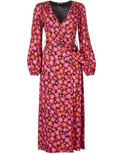 Lavaand The Annalise Satin Wrap Long Sleeve Midi Dress In Pink Floral - Red