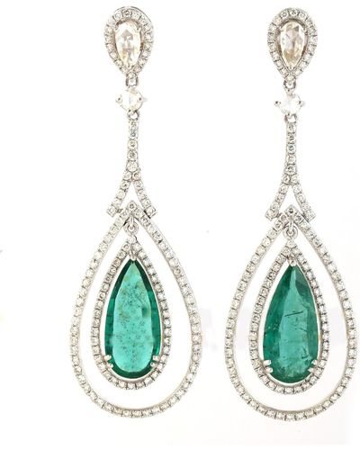 Artisan 18k White Gold In Pear Cut Emerald & Prong Diamond Drop/dangle Earrings - Green