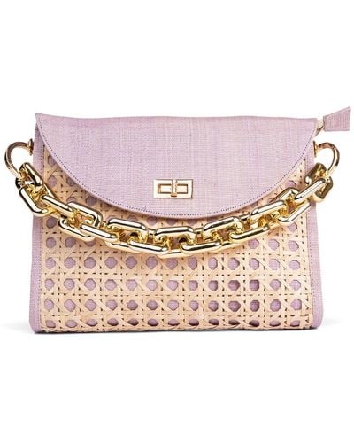Soli & Sun The Soleil Lilac Rattan Woven Clutch With Large Gold Chain - Pink