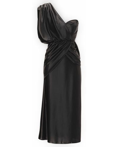 BLUZAT Midi Dress With One Draped Shoulder - Black
