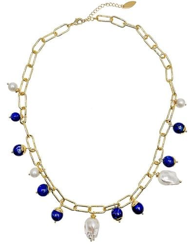 Farra Gold Chain With Baroque Pearls And Lapis Charms Necklace - Metallic