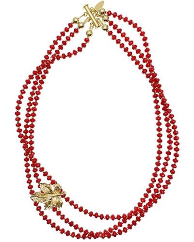 Farra Coral With Maple Leaf Charm Multi Strands Statement Necklace - Red