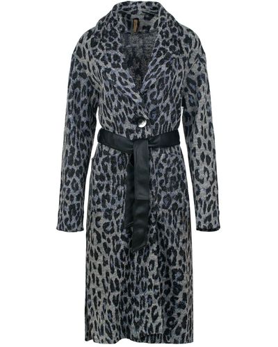 Conquista Animal Print Wool Blend Long Coat With Faux Leather Belt - Black