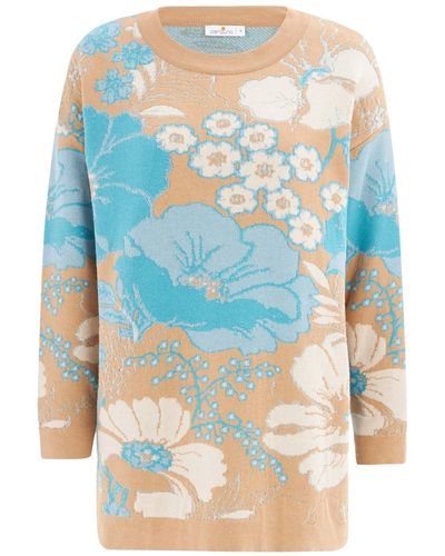 Peraluna Floral Patterned Organic Cotton Knitwear Tunic With Lurex - Blue