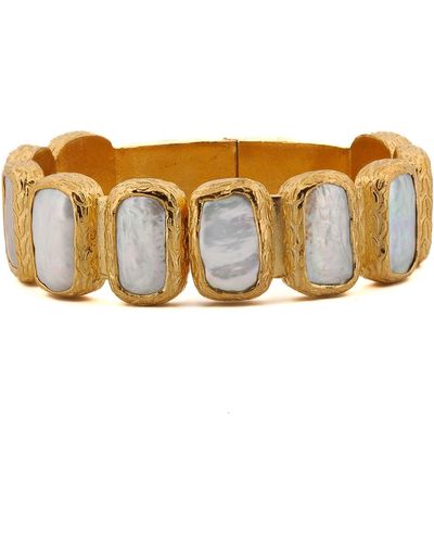 Ebru Jewelry Golden Aura Elegant Pearl Stone Cuff Bracelet - Brown
