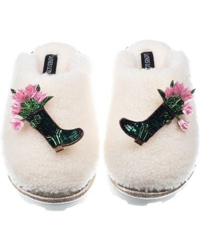 Laines London Teddy Closed Toe Slippers With Double Wellington Boots Brooches - White