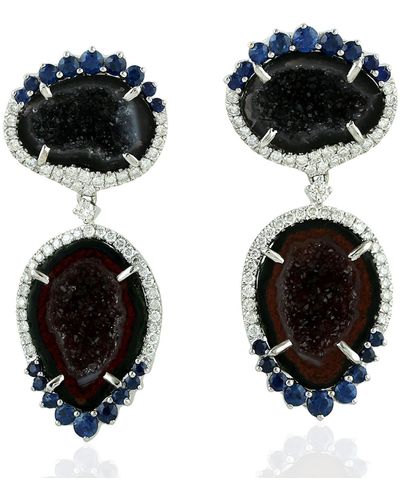 Artisan Designer Dangle Earrings Geode Gemstone Diamond White Gold Jewelry - Black