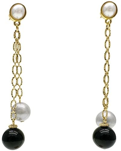 Farra Black Obsidian And Grey Freshwater Pearls Drop Earrings - White