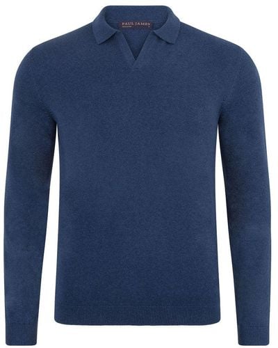 Paul James Knitwear S Cotton Lightweight Lyndon Buttonless Polo Shirt - Blue