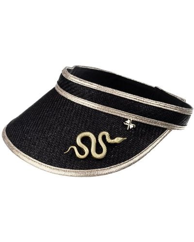 Laines London Straw Woven Visor With Gold Metal Snake Brooch - Black
