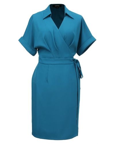 Smart and Joy Wrap Minimalist Dress And Italian Collar - Blue