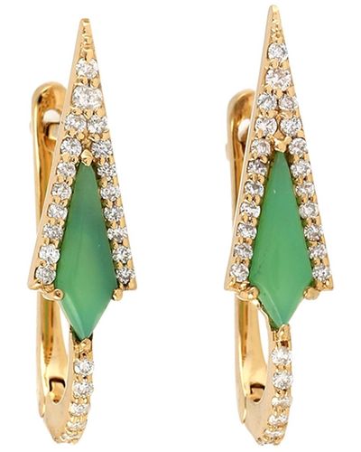 Artisan 18k Yellow Gold Natural Diamond Chrysoprase Stud Earrings Handmade Jewellery - Green