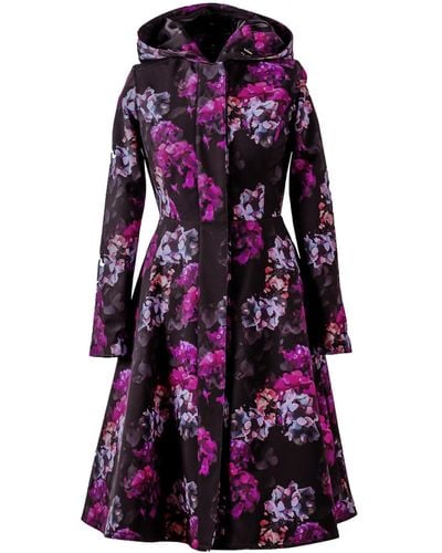 RainSisters Fit And Flare Black Waterproof Coat With Hydrangea Pattern: Hortense - Purple