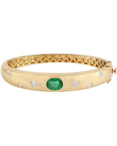 Artisan 18k Yellow Gold Genuine Diamond Natural Emerald Bangle Handmade Jewelry - Metallic