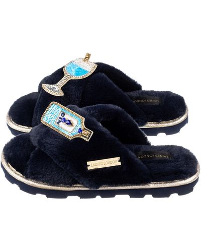 Laines London Ultralight Chic Laines Slipper Sliders With Sapphire Gin Brooches - Blue