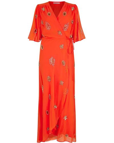 Hope & Ivy The Alana Embellished Wrap Dress With Tie Waist And Flutter Sleeve - Red