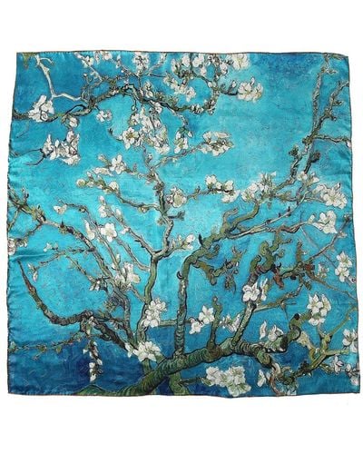 Soft Strokes Silk Pure Silk Scarf Painting Almond Blossom Van Gogh Small - Blue