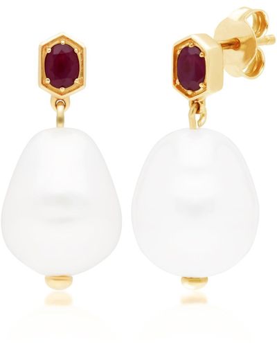 Gemondo Baroque Pearl & Ruby Earrings In Yellow Gold Plated Silver - Red