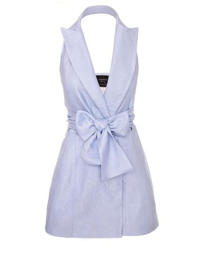 AVENUE No.29 Metallized Linen Backless Lapel Dress With Bow - Blue