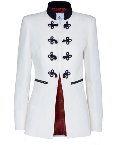 The Extreme Collection Ecru Linen Mao Collar Blazer With Black Details Cornelia - White
