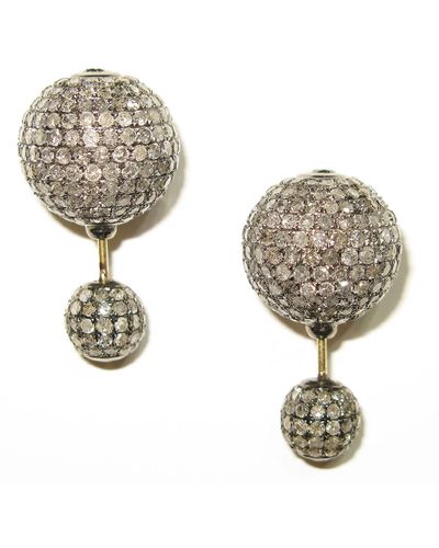 Artisan Pave Diamond Bead Ball Double Side Tunnel Earrings In 14k Gold & 925 Silver - Metallic