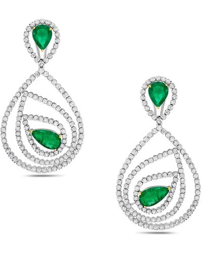 Artisan Diamond Pear Shape Dangle Earrings White Gold Emerald Gemstone Jewellery - Green