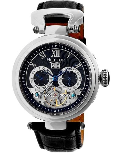 Heritor Ganzi Semi-skeleton Leather-band Watch With Day And Date - Black